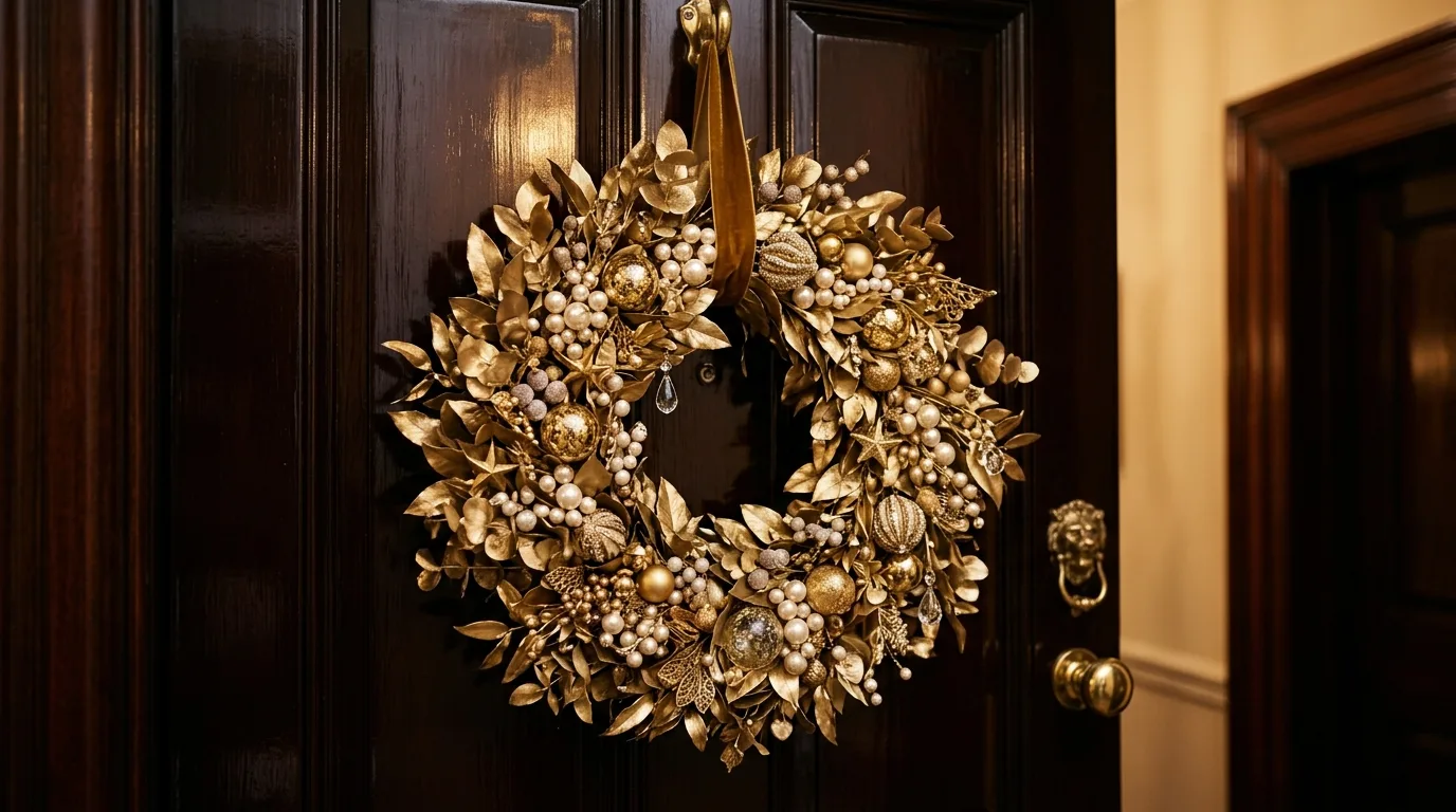 Luxury Christmas wreath with gold leaves and pearl details.